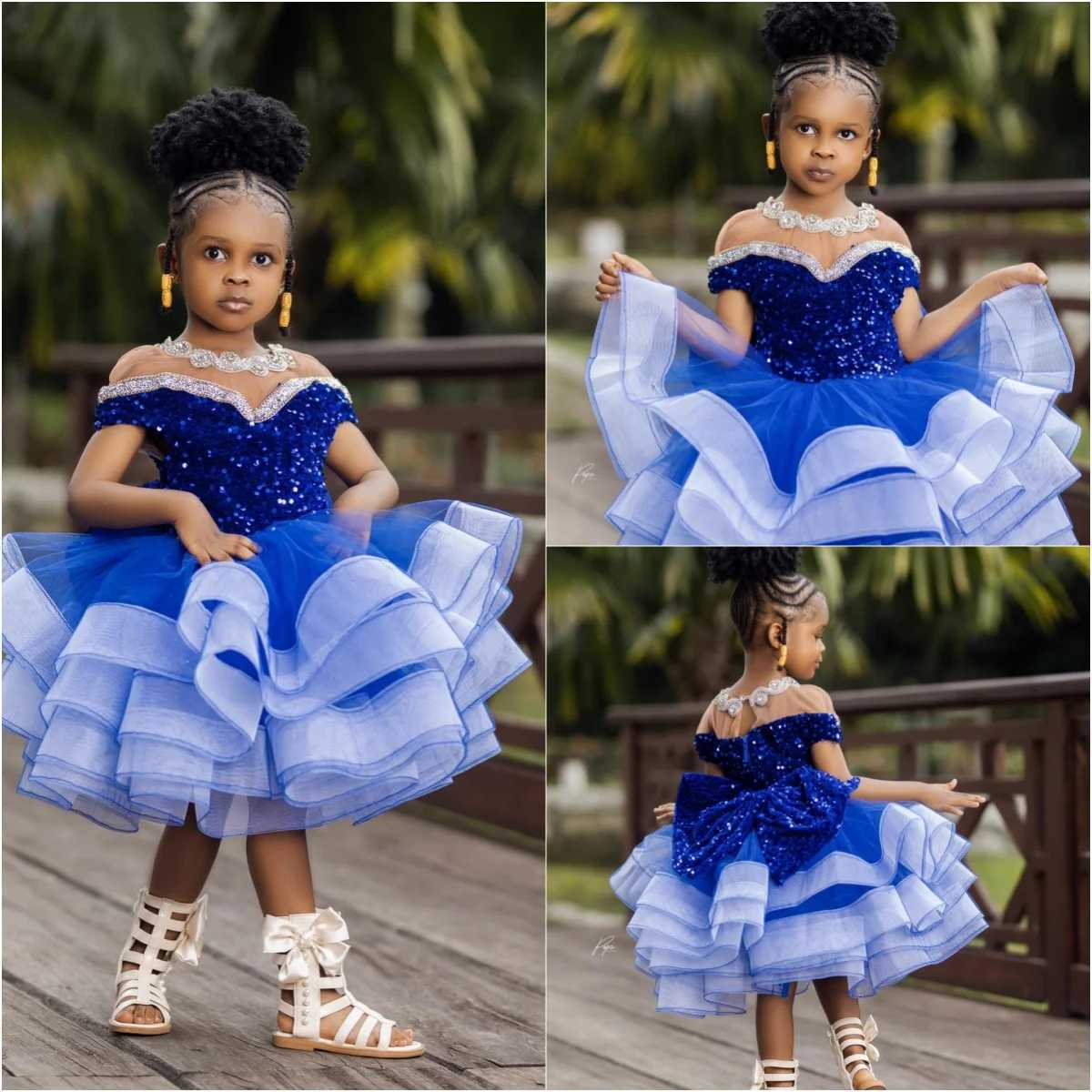 Blue Princess Flower Girl Dresses for Wedding Sequins Ruffles Length Girl Kids Birthday Party First Communion Gowns Z250926