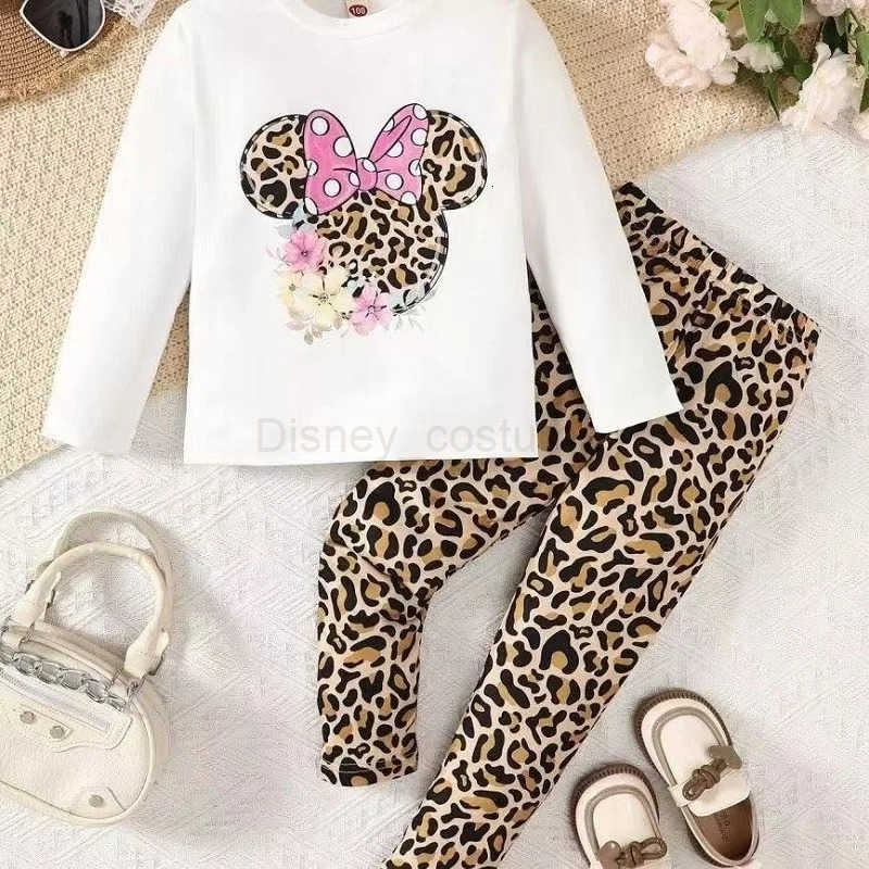 Disney Autumn Baby Girl Clothes Set Children Girl Minnie Printing Top and Leopard Print Pants Bottom 2 Pcs Suit Cotton Tracksuit H250926