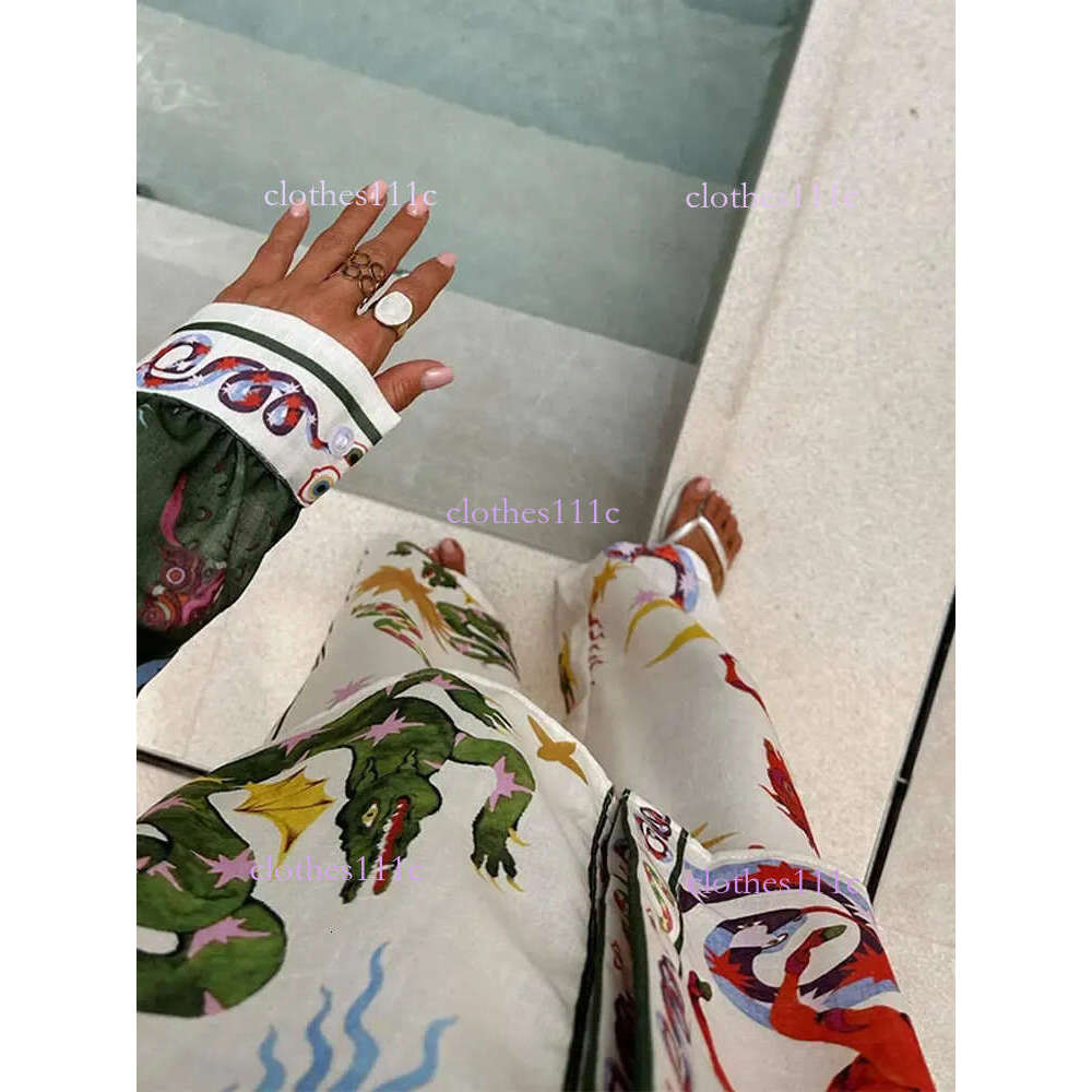 Spring Women Cartoon Print Pant Two Pieces Set Fashion Loose Lapel Long Sleeve Shirt Suit Summer Chic Female Soft Homewear 240415