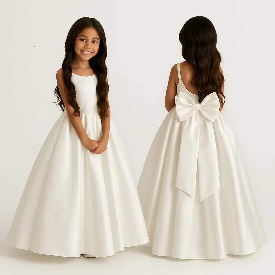 Long Ivory Satin Flower Girl Dresses for Wedding Bow Party Birthday Princess Dress Junior Bridesmaid First Holy Communion Gowns Z250926