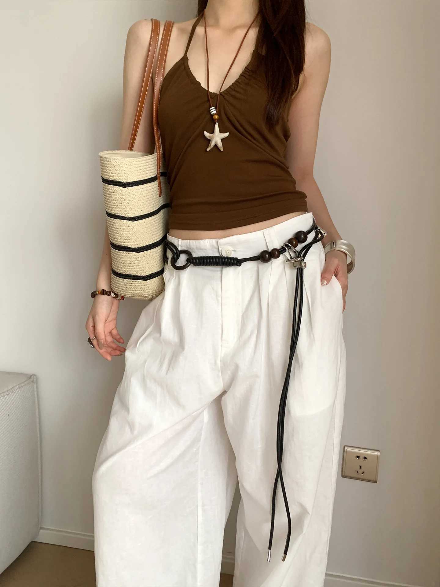 Fashionable Wooden Beads Belt With Artistic Knots For Women New Style Niche Slimming And Versatile Leather Belt L250926