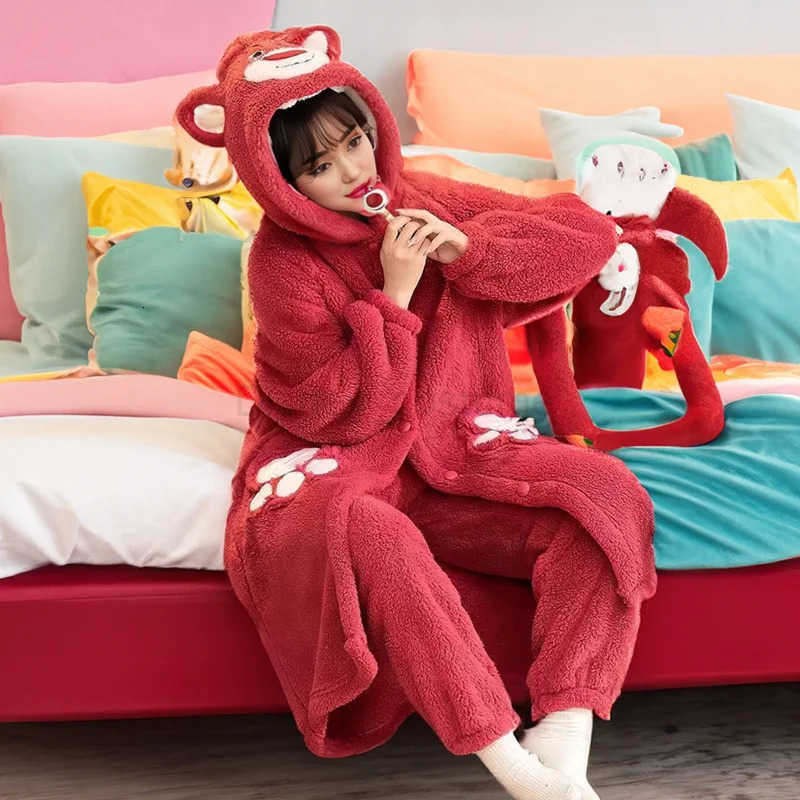 Disney Lotso Plush Robe Sleepwear Women Winter Coral Velvet Flannel Warm Pajama Set Girls Hooded Hood Nightgown Set H250926