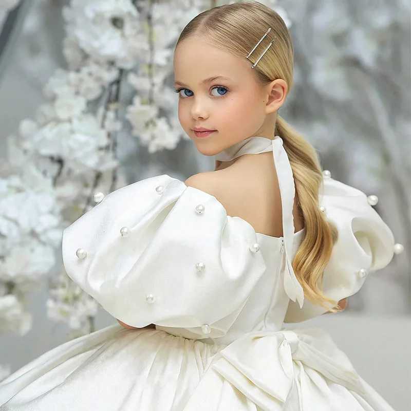 Kids Puffy Dress Pearl Decorated Girl Princess Dress Birthday Elegant Girls Party Dresses Childrens Solid Bridesmaid Costume Z250926