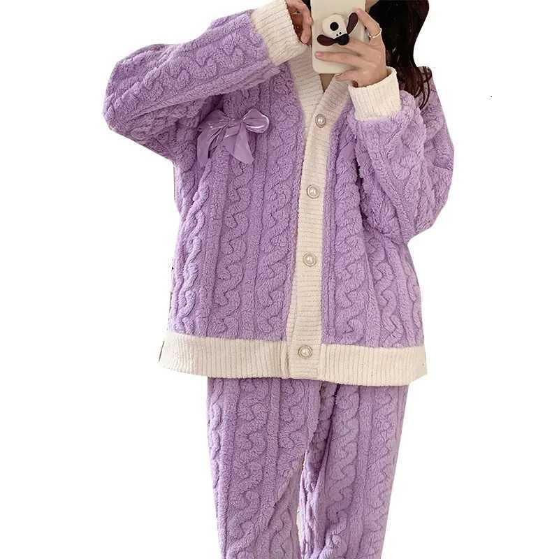 Autumnwinter New Coral Velvet Sleepwear Womens Cardigan Thickened Flanelle Homewear Cute Sweet Outer Wear 2piece Set Z250925