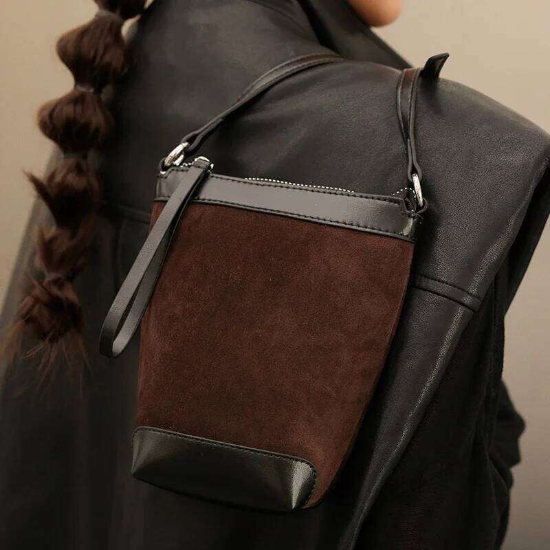 Autumn And Winter Women's Genuine Suede Mini Bucket Bag, Designer Handbags, Top-Grain Leather Commuting Crossbody Bag 250912 Suotong2509