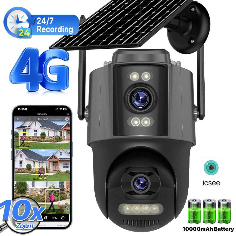 4G Sim Solar Camera 24 Hours Record Three lens 10X Zo Camera Outdoor IP66 Waterproof 9W Solar Panel Builtin Battery iCSee Y250925