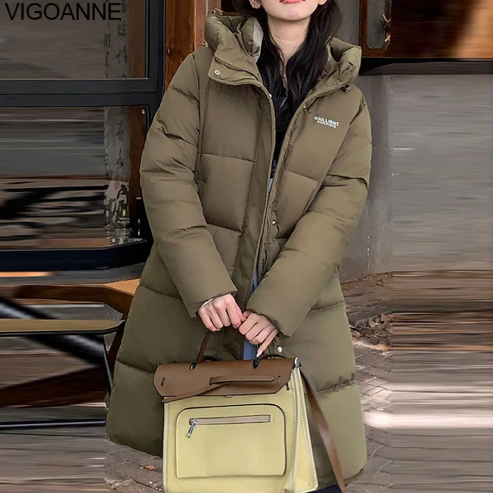 VigoAnne 2025 Winter Zipper Hooded Down Long Coat Korean Women Long Sleeve Pocket Solid Loose Jacket Lady Thick Warm Outwear 250917