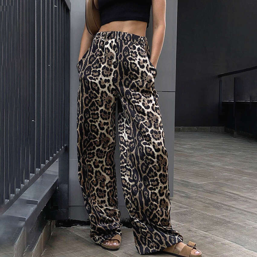 Fashionable Street Style Leopard Print High Waist Wide Leg Pants for Women 2025 Autumn Loose Floor-Length Casual Trousers
