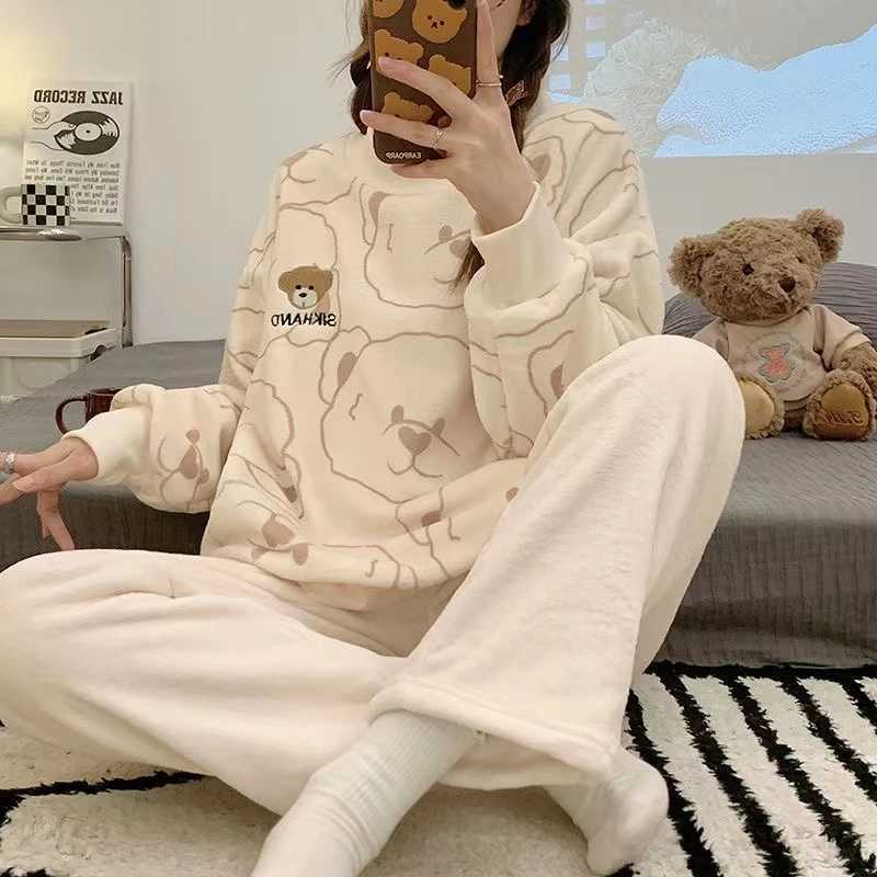 Autumn New Warm Round NeckLong Sleeve 2 Piece Outfit Set Women Plush Home Clothes for Women Cute Printing Pajamas for Girls Z250925