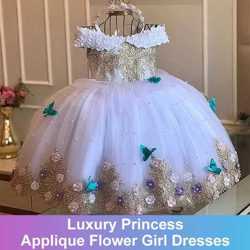 Luxury Princess Applique Flower Girl Dresses For Wedding Tulle Pearls Ball Kids Pageant Gown Birthday Party First Communion Wear Z250926