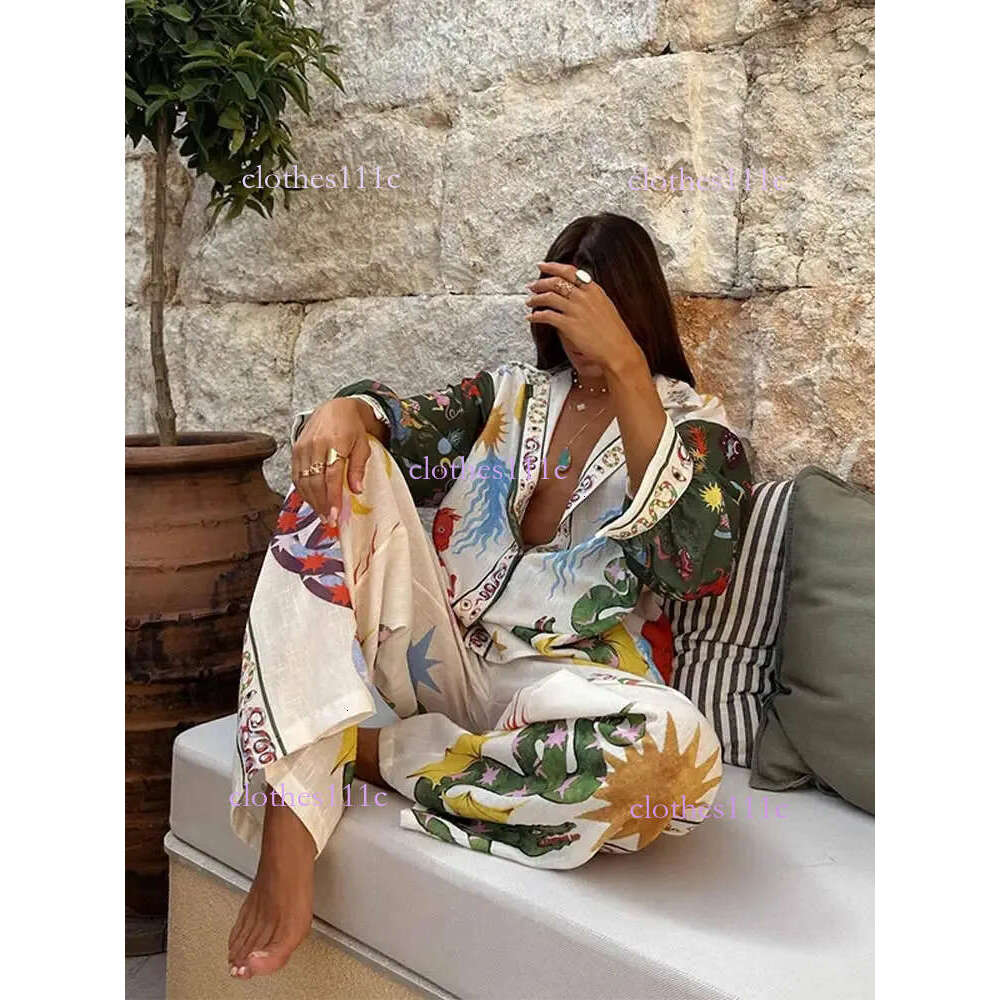 Spring Women Cartoon Print Pant Two Pieces Set Fashion Loose Lapel Long Sleeve Shirt Suit Summer Chic Female Soft Homewear 240415