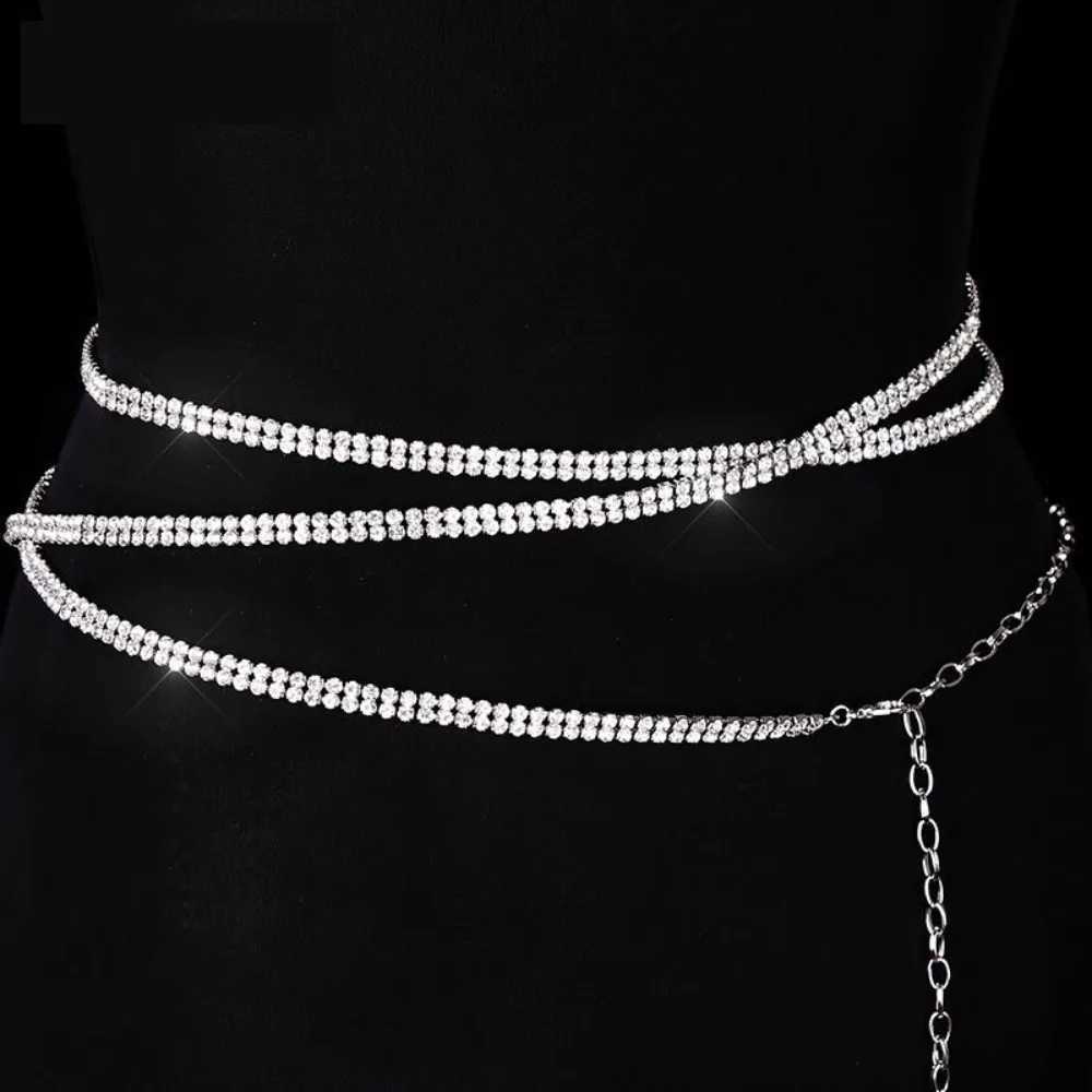 Women Silver Long Rhinestone Chain Belt Free Wrap Around Waist Chain L250926