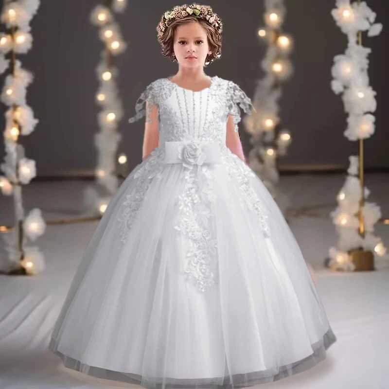 Lace up Tulle Flower Girl Dress Chest with flowers First Communion Ball Gown Wedding Party Bridesmaid Dress Kids 12Y Z250926