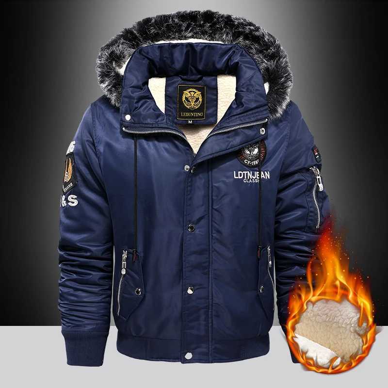 Mens Winter Warm Hooded Jacket with Raw Edge Lined Aviator Jacket Embroidered Badge Design Windproof and Waterproof Jacket W250926