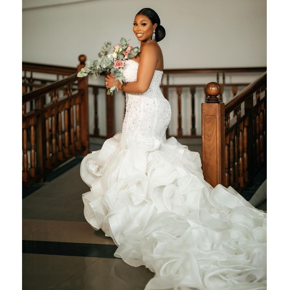 Arabic Dubai Sweetheart Neck Mermaid Wedding Dresses Ruffles Princess Pearls Beading White Bridal Gowns Pleat Wedding Gowns for Brides Vestidos De Noi