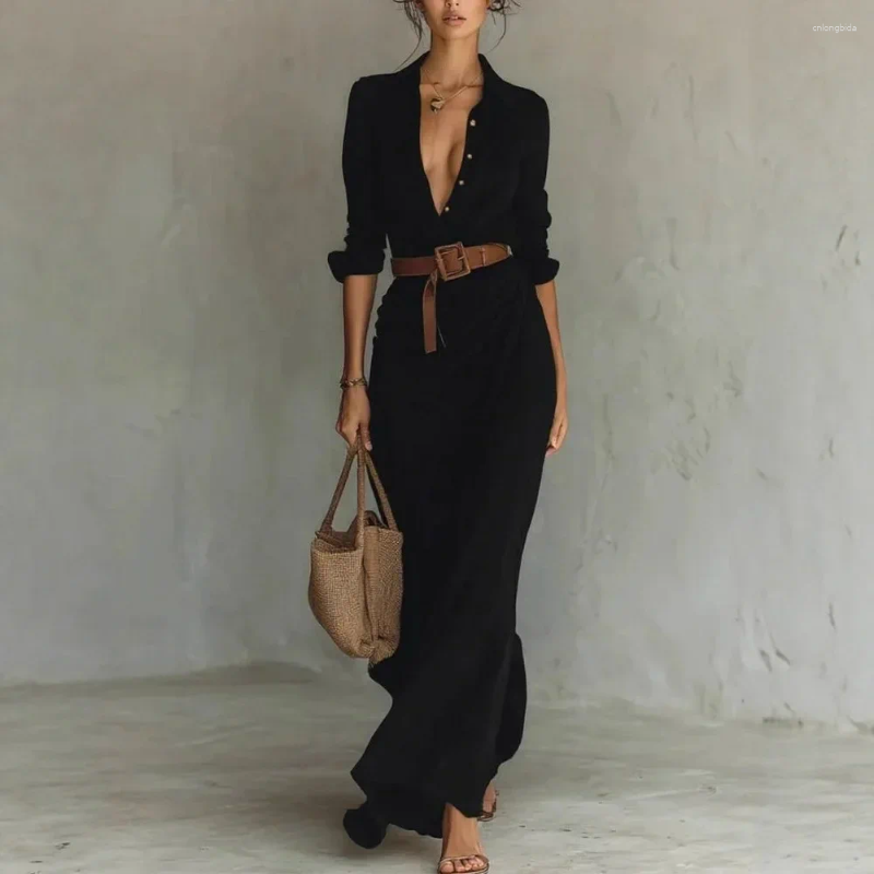 Casual Dresses 2025 Autumn Woman Sexy Deep V Neck Hollow Lon - view 6