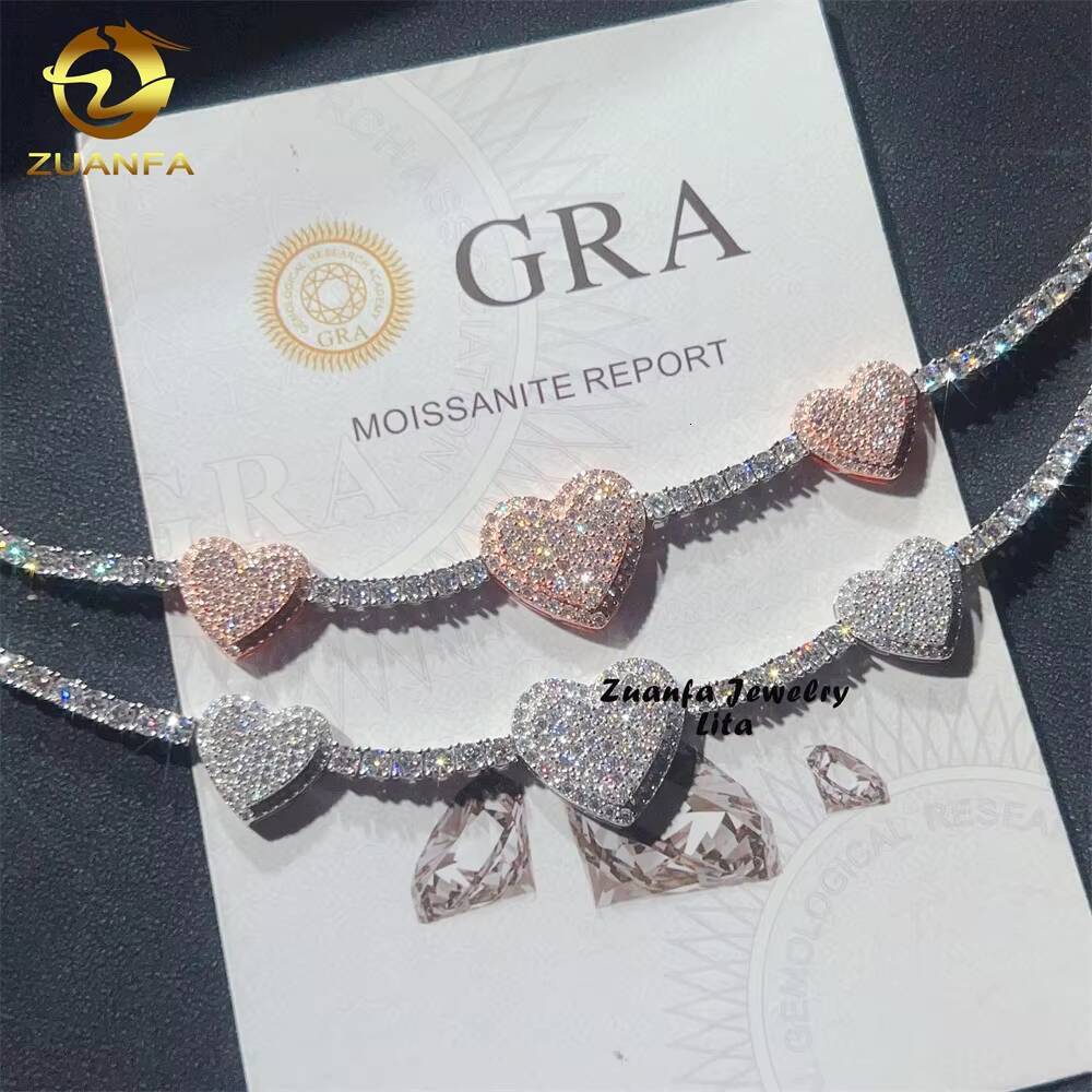 Hip Hop New Fashion Heart Two Tone 3MM Diamond 925 Sterling Silver Moissanite Tennis Chain Bracelet