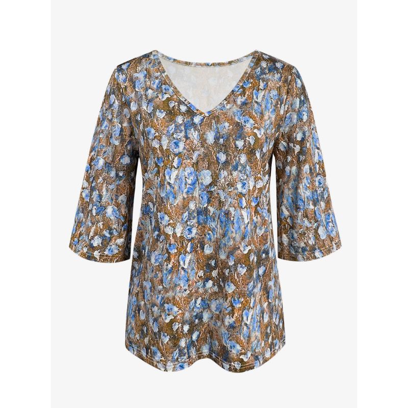 Women's Autumn New Elegant Small Floral Printed Top, Plus Size (1XL - 5XL) Milk Silk Casual Vacation & Commute Blouse-YL23457