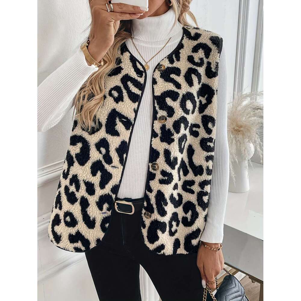 2025 Autumn Winter Cross-Border European and American New Leopard Print Front Button Plush Fashion Vest S8086
