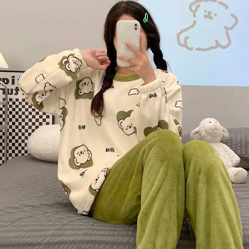 Womens Autumn Winter Flannel Thickened SweetCute Korean Style Coral Velvet Round Neck Sleepwear Home Suit Pajamas Set Z250925