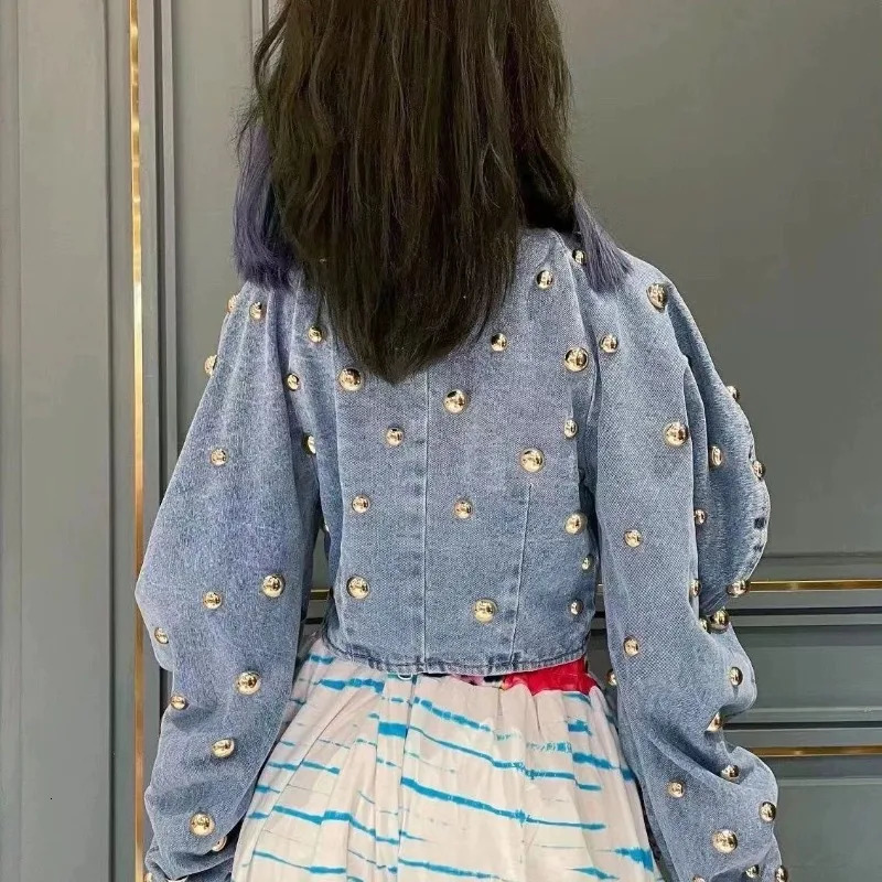 Spring Autumn Women Rivets Long Lantern Sleeve Denim Coat Short Pearls Beading Jeans Bomber Jacket Cowboy Cardigan Tops 250922