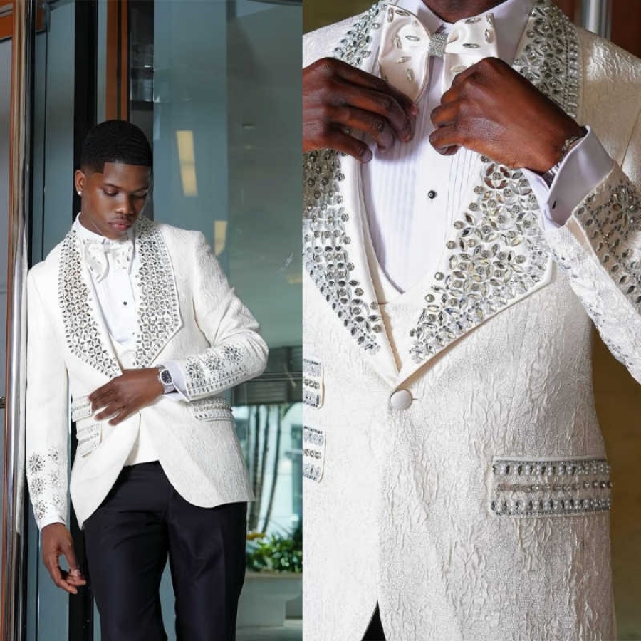 Floral Pattern Men Wedding Tuxedos Crystal Beading Shawl Lapel Tailored Pants Suits Birthday Party Prom Groom Wear 2 Pieces