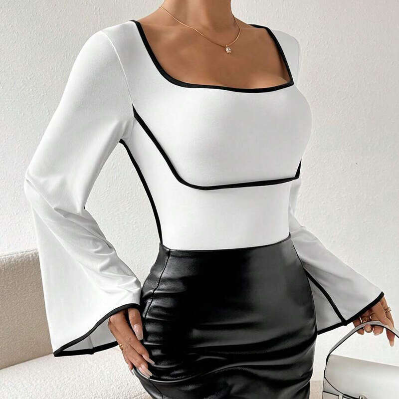 2025 Autumn Winter New Style Patchwork Flared Square Neck Long Sleeve T-Shirt for Women Elegant Versatile Women's Clothing