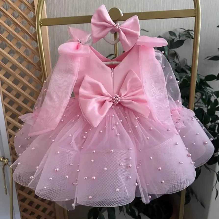 Girls Cute Beading Bow Design Birthday Princess Ball Gown Children Fashion Wedding Host Piano Performance Dress y1655 Z250926
