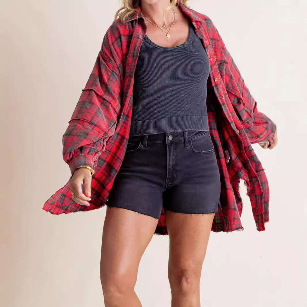 2025 Cross-Border European and American Foreign Trade Women's Clothing Autumn Winter New Frayed Lantern Sleeve Loose Plaid Shirt