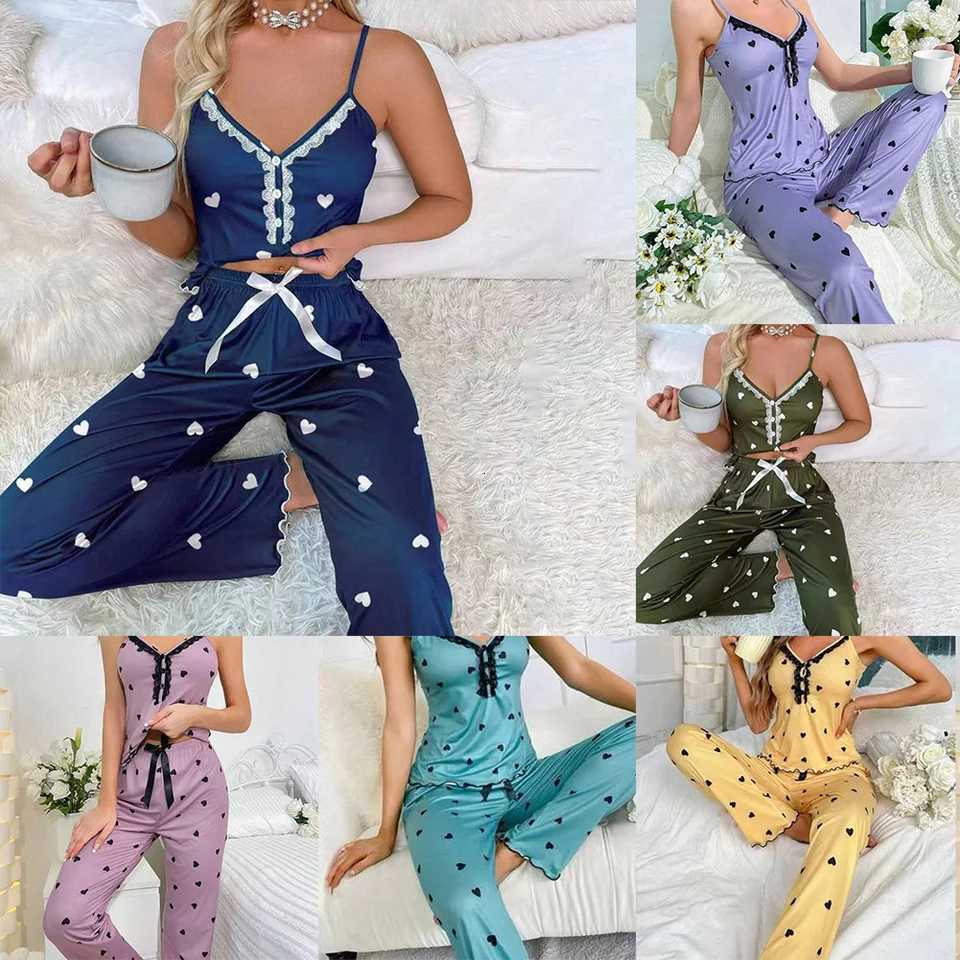 Womens New Heart Print Lace Camisole Shorts Pajama Sets Fashion Home Wear Z250925