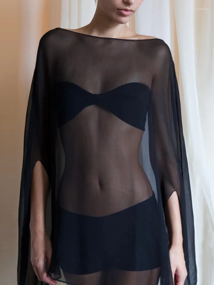 Women's Blouses FDYOUI Sexy Loose Blouse Cover-up Women Streetwear Black White Hollow Out Beach Vacation Tops Female Party Night Club