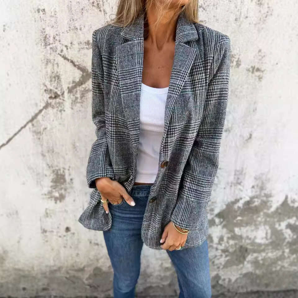 2025 Cross-Border European and American Autumn Winter Coat Women's Casual Retro Houndstooth Lapel Blazer Versatile