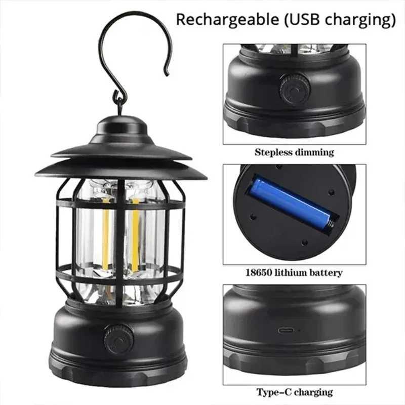 Rechargeable Camping Lantern Stepless Dimming COB Portable Waterproof for Hiking Fishing Emergency Home Power Outages Indoor Out C250925