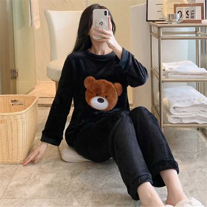 Winter New Flannel Warm Pajamas for Wome Thickening Round Neck Long Sleeve Outfits for Women 2 Piece Set Cute Printing Home Wear Z250925