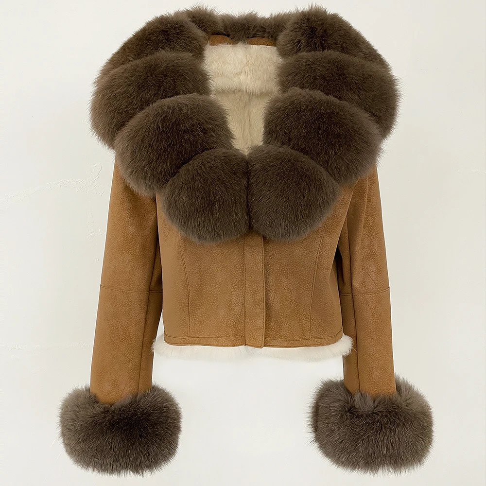 MENINA Fashion Short Autumn Winter Fur Clothing Real Rabbit Fur Liner Suede Jacket Women Natural Fox Fur Collar Coat Female 250917