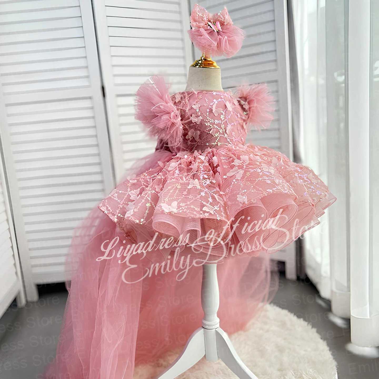 Customized Baby Flower Girl Dress For Wedding Applique Puffy Tulle Feather Sequins Birthday Party Kids First Communion Ball Gown Z250926