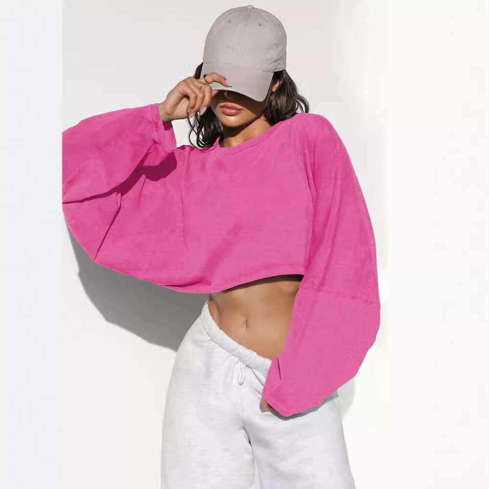 2025 Cross-Border Crop Round Neck Sweatshirt European and American Women's Fashion Short Sports Base Shirt Knitted Long Sleeve Top