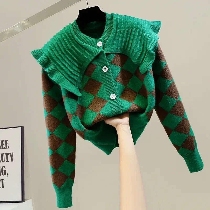Diamond Plaid Ruffles Acrylic Knitted Peter pan Collar Womens Cardigan Single Breasted Sweater Cardigan For Women Clothing 250922