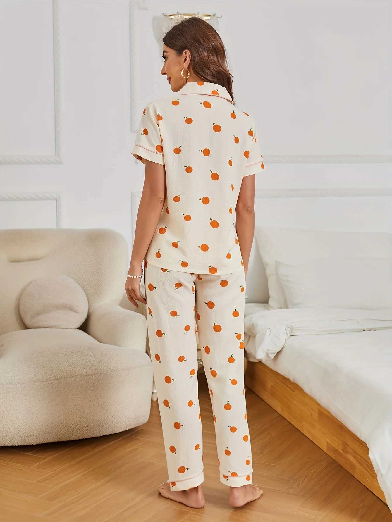 Allover Orange Print Pajama Set Casual Short Sleeve Buttons Lapel Top Elastic Pants Womens Sleepwear Z250925
