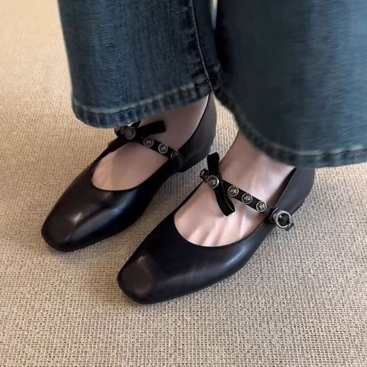 2025 Spring Soft Leather French Style Designer Shoe Women's Flat Bowknot Shallow Ballet Small Square Toe Mary Jane Shoes