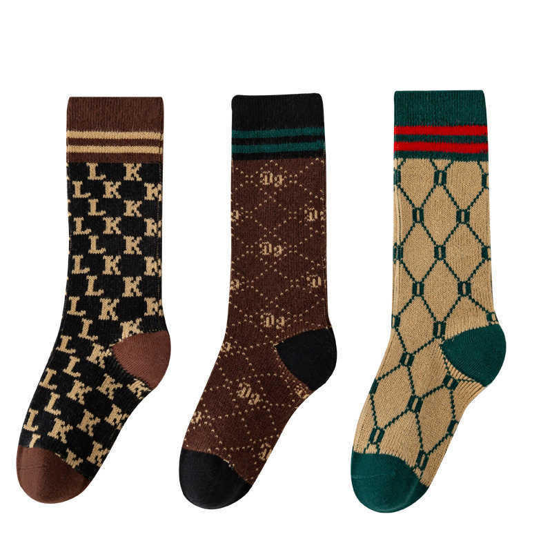 Trendy Childrens Socks Long Tube Plaid Letter Double Needle Double Road Boys and Girls Baby Socks for Older Children Y250926