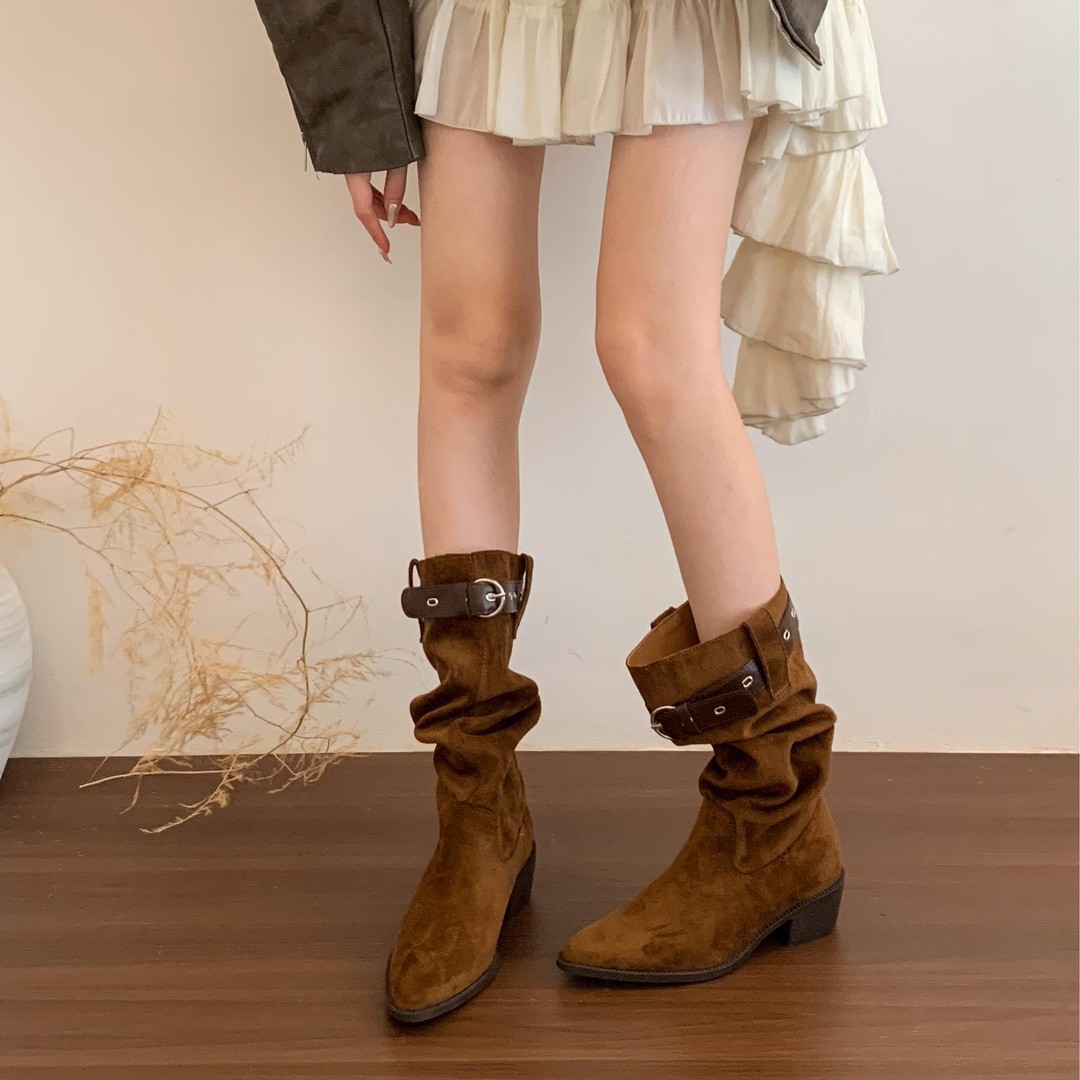 Autumn Luxury shoes Women's free shipping free shipping 2025 Grunge Western Boots - Slouchy Mid-Calf, Thick-Soled Hot Fashion