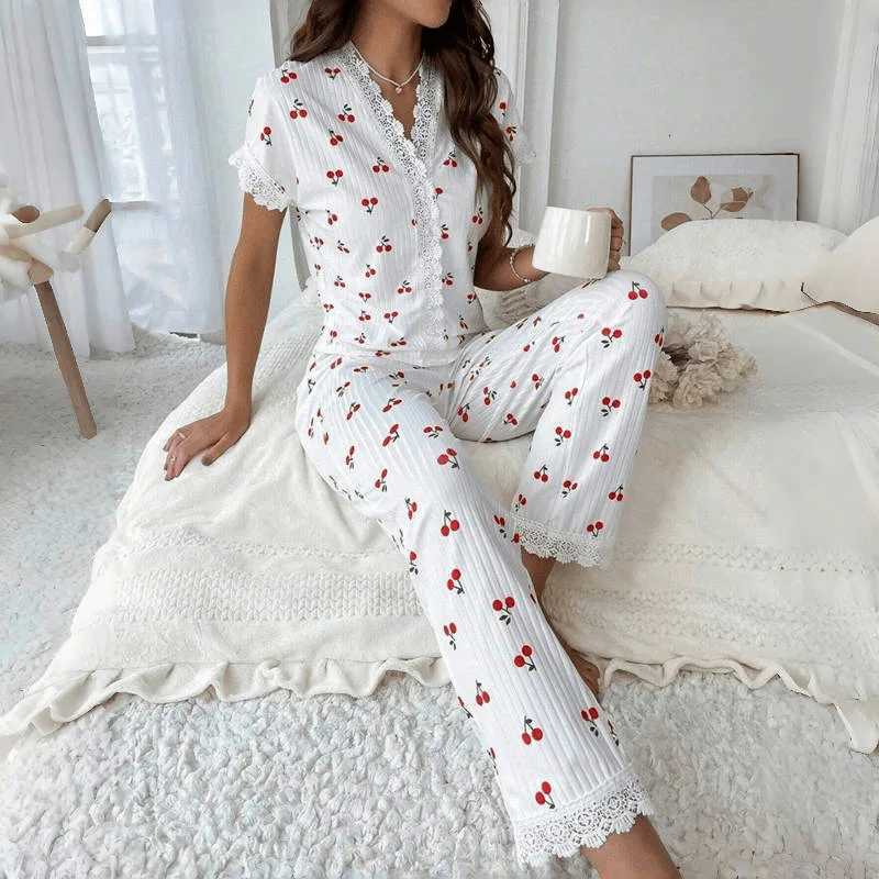 Lace Trim Women Pajama Set Short Sleeve Front Button Top FullLength Pants Cherry Print 2 Pieces Sleepwear Nightwear Homewear Z250925