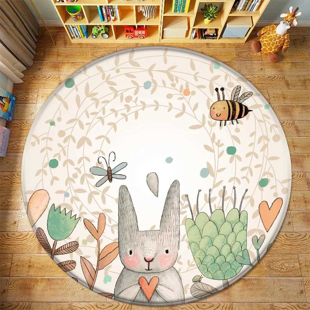 Kids Handprint Rug Round Baby Play Mat Simple Animal Rabbit Bee Pattern C250926