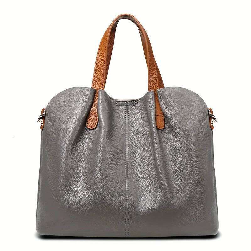 Women's deluxe handbag large capacity, dual-color gray with genuine leather accents in brown