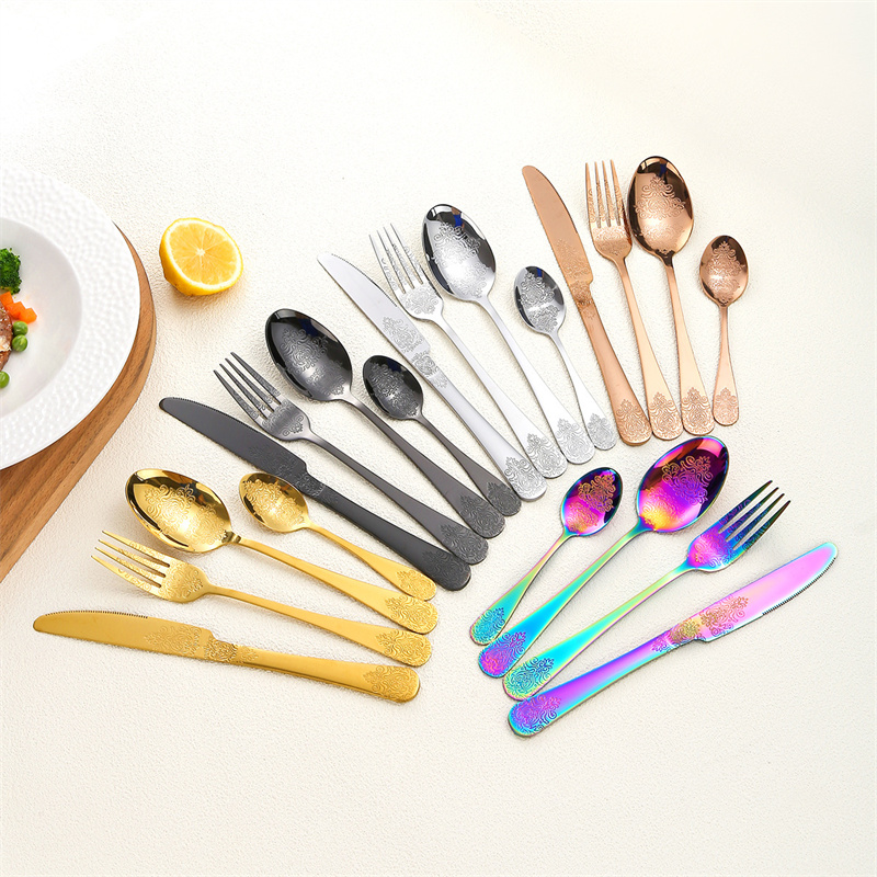 Embossed Dine Tableware Gold Flatware Set Stainless Steel Dinnerware Set Knife Fork Spoon Cutlery