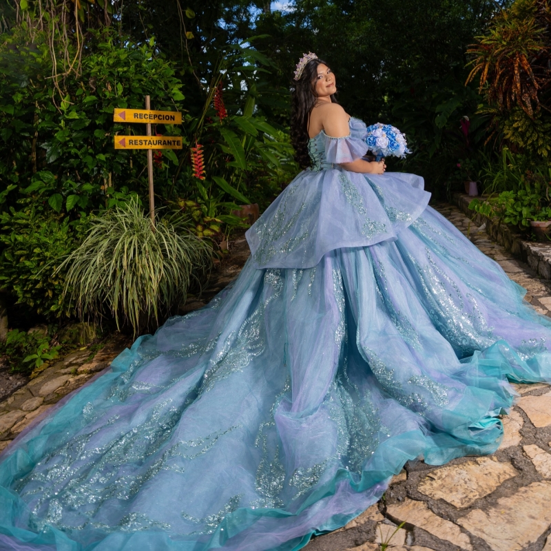 Light Lilac Aqua Blue Shiny Quinceanera Dresses Off The Shoulder Applique Lace Beading Crystal Corset Tull Party Birthday Sweet 16 Dress Vestidos 15 D
