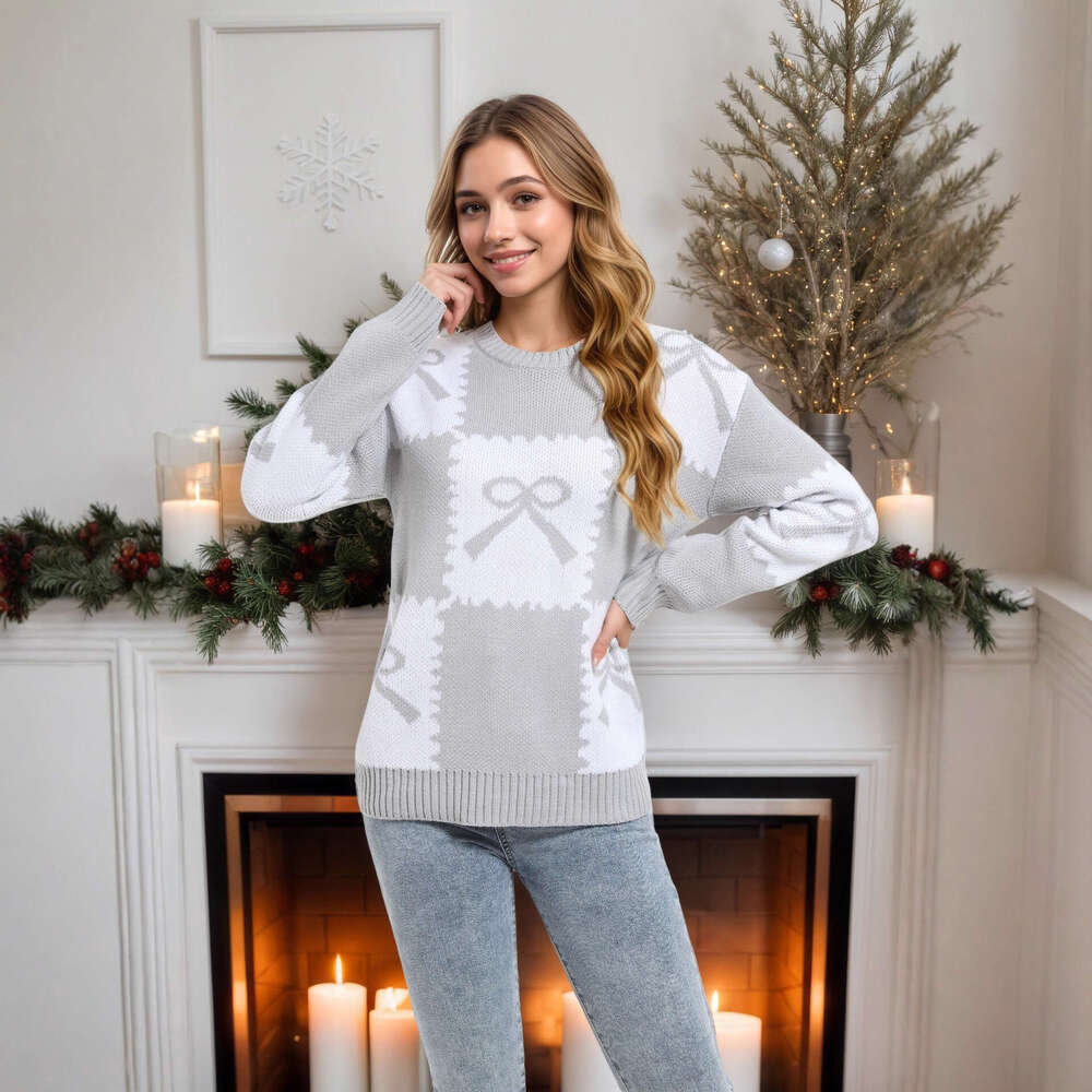Autumn Winter New Christmas Women's Loose Knitted Sweater Checkered Bow Color-Block Pullover Top