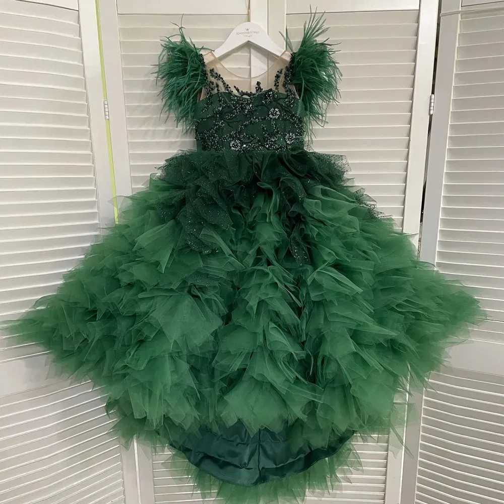 Dark Green Flower Girl Dress ALine Tiered Feather Girls Princess Wedding Dress Girl First Communion Gown Dress Customized Z250926