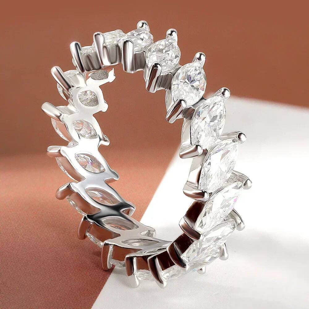 Marquise Cut Moissanite Eternity Ring Band with Certificate S925 Silver Hiphop Diamond Rings for Women men Wedding Fine Jewelry